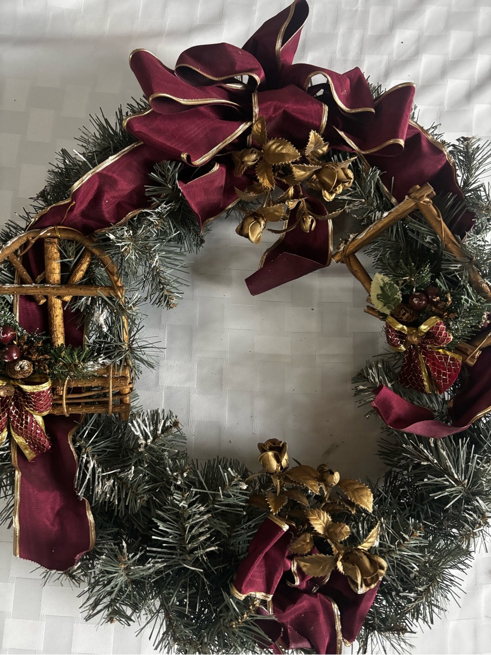 Charming VTG Holiday Pine Wreath with Burgundy Ribbon and Gold Accents